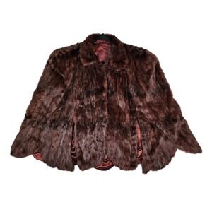 Vtg Genuine Fur Stole Wrap Shawl Cape Satin Lined Cover Burgundy Womens One Size